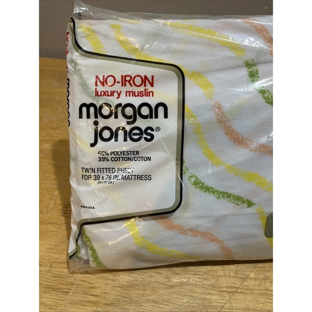Vtg Morgan Jones Retro Sheets Twin‎ Fitted Flat Squiggle Lines Yellow Green 60s